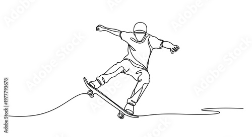 Single line drawing of a skateboarder performing a trick
