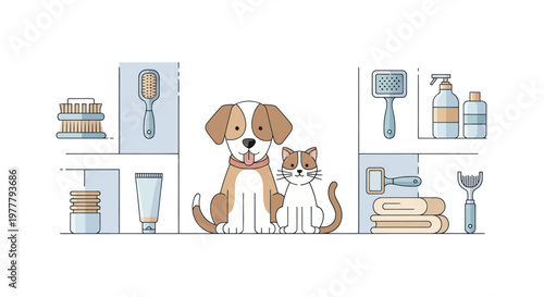 Adorable Dog and Cat Duo with Grooming Essentials.