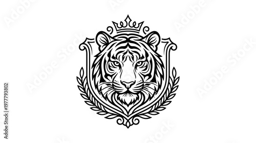 Tiger face with crown and leaves.