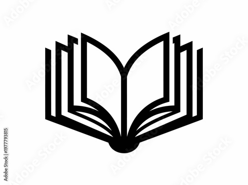 Minimalist black book icon illustration featuring an open pages design created with simple bold lines perfect for academic logos school branding and digital library creative projects