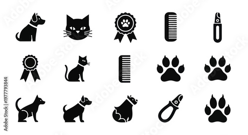 Collection of Pet Grooming Icons and Symbols for Animal Care Services.