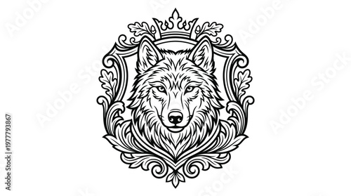 Wolf head with ornate frame design.