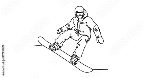 Single line drawing of a snowboarder in action, wearing a helmet and goggles
