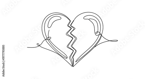A simple continuous line drawing depicts a broken heart