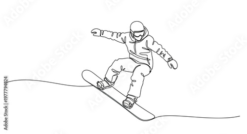 A single line drawing of a snowboarder carving down a slope