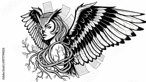 Mystical Owl Woman with Wings and Vines, Fantasy Art, Black and White Illustration