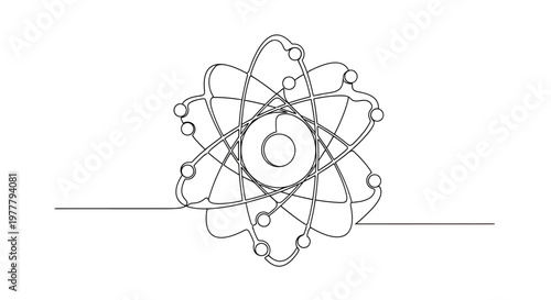 A stylized, continuous line drawing of an atom's structure with orbiting electrons