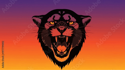 Aggressive Black Panther Head Roaring Against Vibrant Sunset Gradient Background