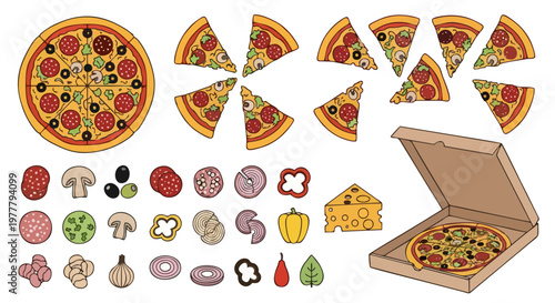 Delicious pepperoni pizza set featuring whole pies slices and various fresh ingredient toppings for cooking projects