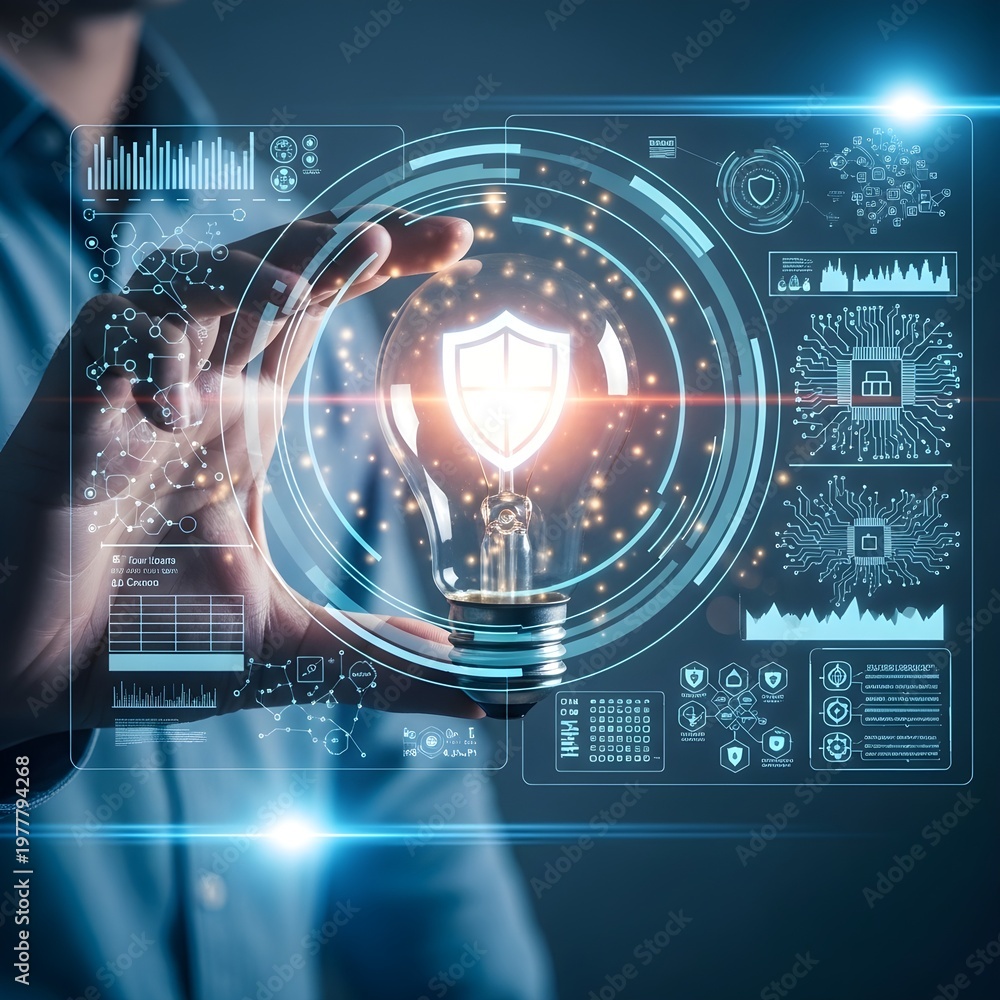 Obraz premium Futuristic Cybersecurity Concept with Glowing Light Bulb and Digital Shield Interface – Business Innovation, Data Protection, Artificial Intelligence, and Network Security Visualization with Advanced