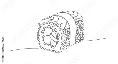 A single line drawing of a salmon sushi roll with visible rice and nori
