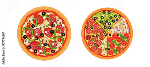 Two delicious round pizzas topped with fresh pepperoni mushrooms olives and vegetables on white background