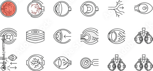 Set of Eye Anatomy and Vision Science Icons Featuring Retina Structure, Optical System, Eye Layers, and Ophthalmology Concepts