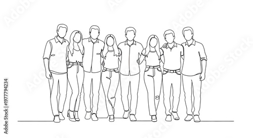 Diverse group of friends standing together in casual attire, full body sketch