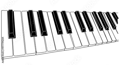 Stylized black and white illustration of piano keys