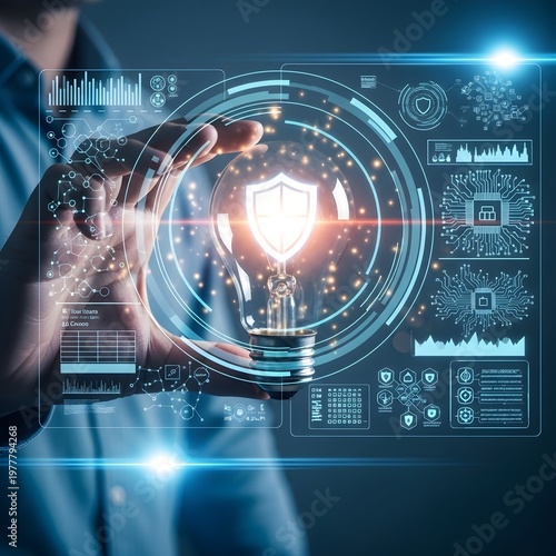 Futuristic Cybersecurity Concept with Glowing Light Bulb and Digital Shield Interface – Business Innovation, Data Protection, Artificial Intelligence, and Network Security Visualization with Advanced 