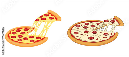 Delicious pepperoni pizza slices being lifted with long melted cheese strings against a plain white background