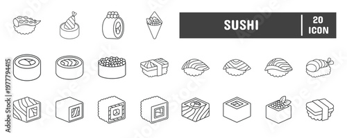 20 Sushi Line Icon Illustration Set