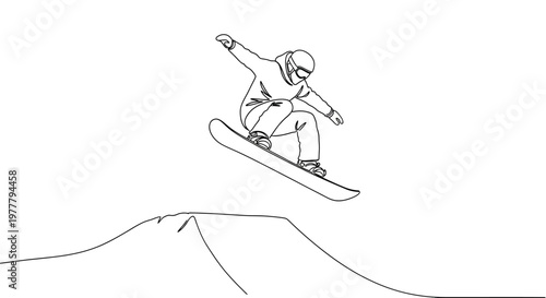 Single line drawing of snowboarder in mid-air performing a jump