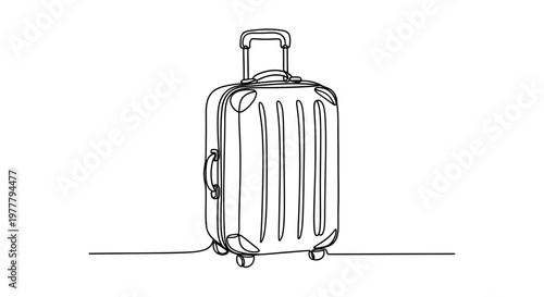 Single line drawing of a rolling suitcase with a telescopic handle and wheels