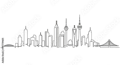 Minimalist black and white line drawing of a city skyline featuring various skyscrapers and bridges