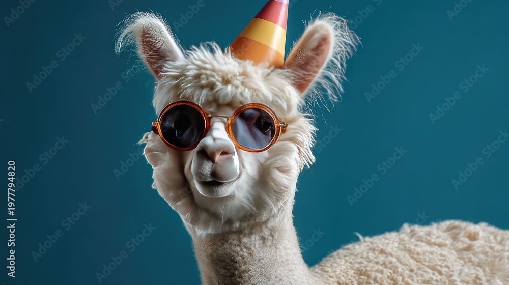 Obraz premium Playful Alpaca Wearing Sunglasses and Birthday Hat Smiling at Camera Against a Blue Background for Celebratory Theme in Stock Photography