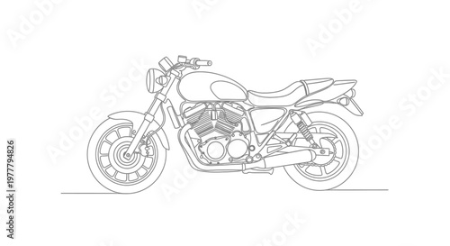 Detailed line art of a classic motorcycle with dual shocks and exposed engine