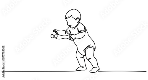 A minimalist line drawing depicts a baby in a romper, holding a rattle