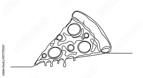 A single-line drawing of a slice of pizza with melted cheese dripping off