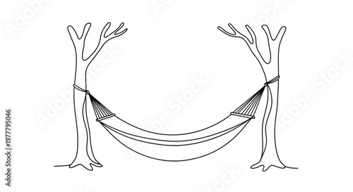 A minimalist black line drawing of a hammock suspended between two trees
