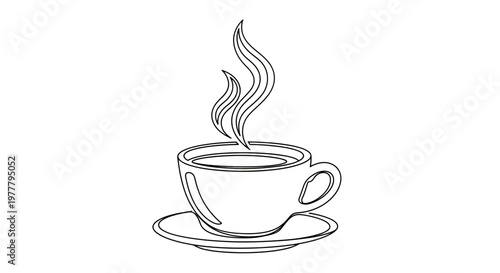 Delicate line art of a steaming cup of coffee on a saucer