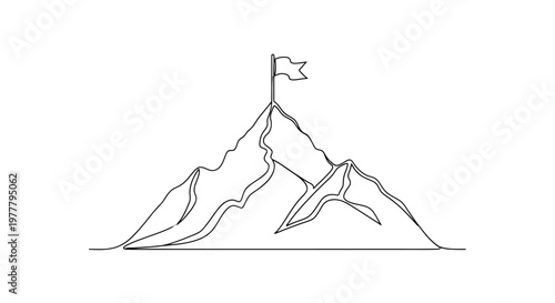 Minimalist line art of a mountain peak crowned with a fluttering flag