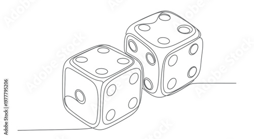 Minimalist line art of two dice, one displaying four pips and the other displaying three