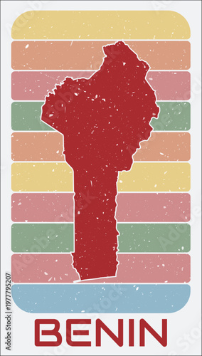 Benin vintage logo. Shape of the country on retro colored stripes background. Benin map design with grunge scratch texture. Vector illustration.