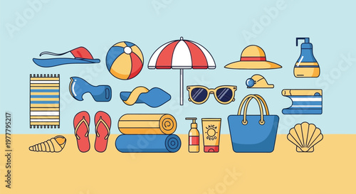 Beach, summer, vacation, icons, 20 vector elements, beachwear, accessories, colorful