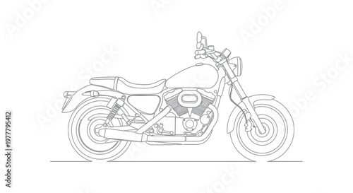 A detailed outline sketch of a cruiser motorcycle, viewed from the side