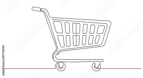 Minimalist shopping cart depicted with a single continuous line on a white background