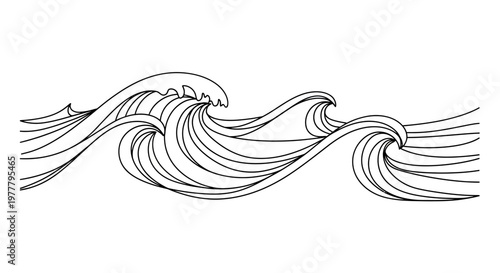 Abstract black line art depicts three stylized waves, suggesting movement and energy