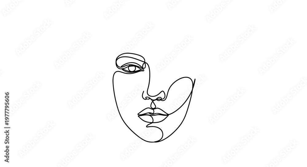 Fototapeta premium Minimalist line art portrait of a woman's face, focusing on eye and lips
