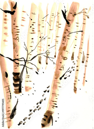Original Hand-Painted Ink Wash Winter Forest with Birch Trees and Snow