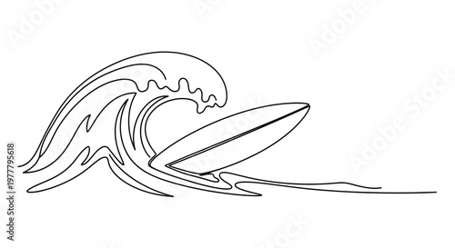 Stylized outline of a surfboard riding a breaking wave