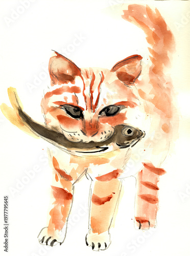 Original Hand-Painted Watercolor Cute Orange Tabby Cat Carrying a Fish