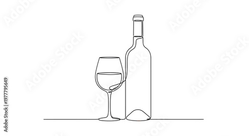 Minimalist line art depicting a wine bottle and a glass on a surface