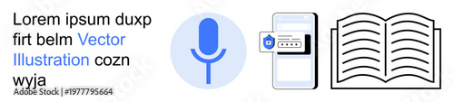 Voice technology, mobile security, AI integration, digital education, online communication, user verification. Microphone icon, smartphone with security feature open book. Voice recognition