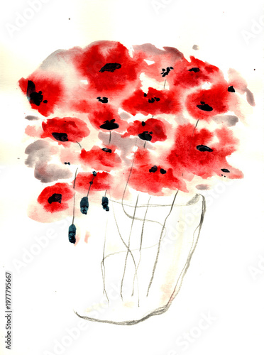 Original Hand-Painted Watercolor Vibrant Red Poppy Flowers in a Clear Glass Vase