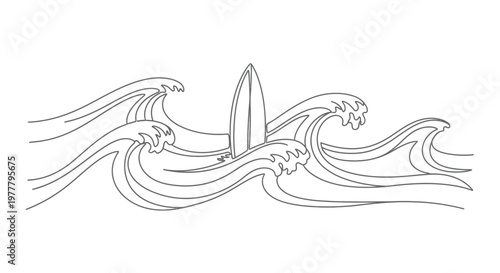 Minimalist line art of a surfboard standing upright amidst crashing waves
