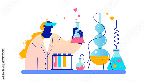 A scientist in a lab coat working with colorful chemicals in a modern laboratory setting