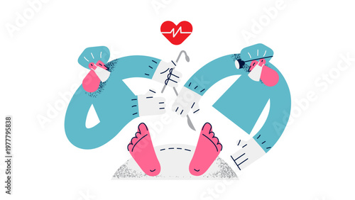 A vector graphic illustration of two medical professionals surrounding a patient with a heart symbol above