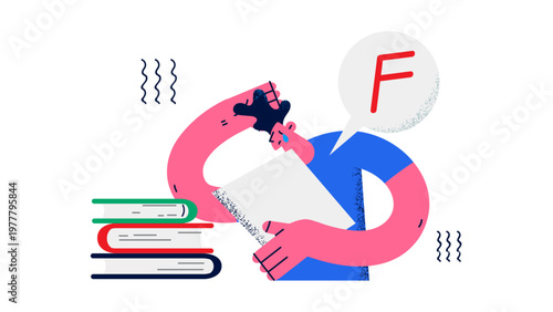 A frustrated student with a failing grade holding a pencil and notebook