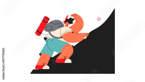 A cartoon illustration of a determined hiker climbing a steep mountain
